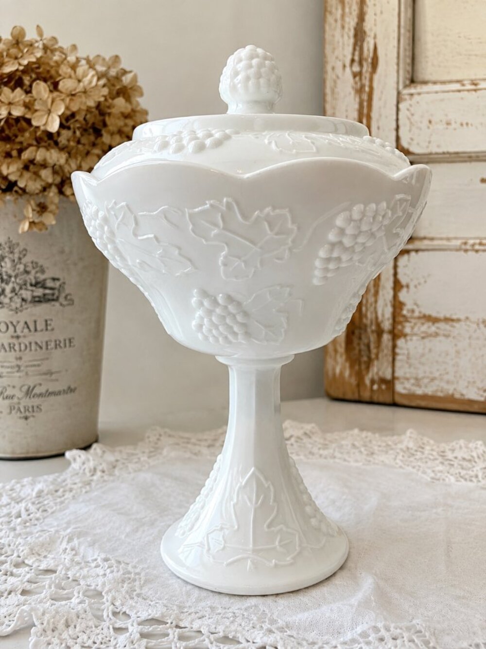 Vintage Indiana Glass Harvest Grape Milk Glass Covered Pedestal Compote
